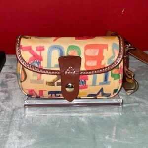 Multicolor Alphabet Print Crossbody Clutch - Brown Trim